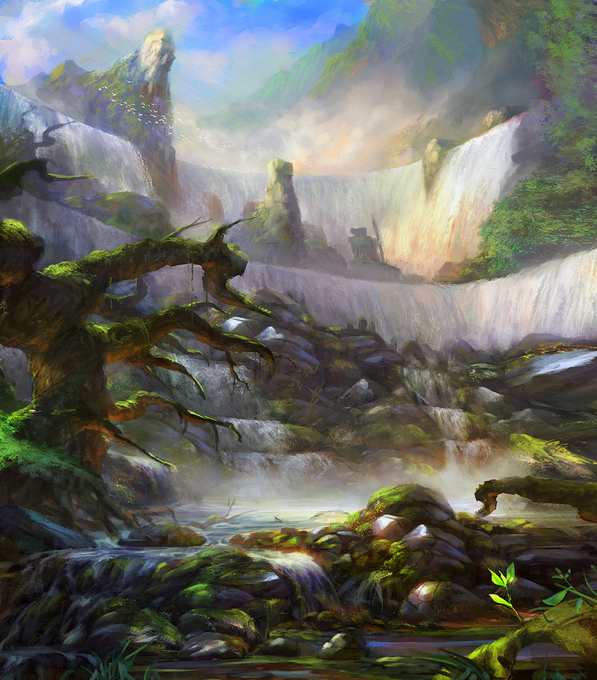 bird, environment, fantasy, fog, grosnez, moss, mountain, scenery