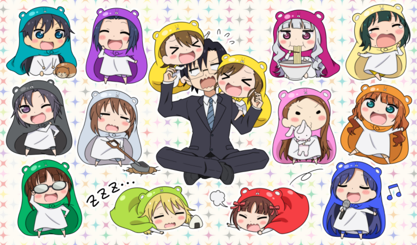 1boy, 6+girls, :d, akizuki_ritsuko, amami_haruka, closed_eyes, flying_sweatdrops, futami_ami