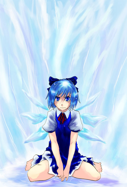 1girl, blue_hair, bow, chikakei_(tsuki_no_chika_keikoku), cirno, dress, female_focus, full_body, juugo_(artist), ribbon, short_hair, sitting, solo, embodiment_of_scarlet_devil, touhou, wariza, wings