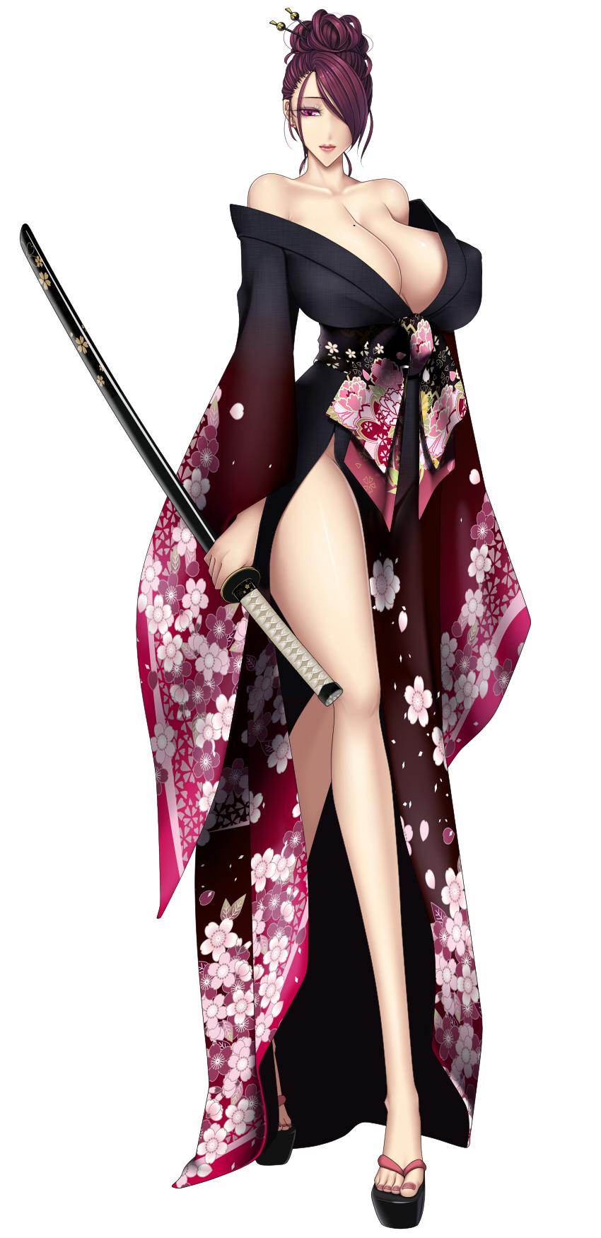 1girl, baru_(val-val), breasts, cleavage, female_focus, full_body, gigantic_breasts, hair_over_one_eye, highres, japanese_clothes, katana, kimono, long_legs, looking_at_viewer, mole, mole_on_breast, nail_polish, no_panties, original, peliazulyp, purple_eyes, purple_hair, simple_background, solo, sword, weapon