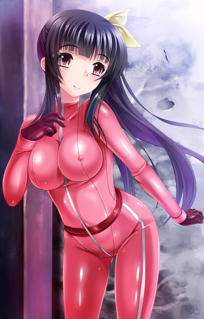 1girl, absurdres, anise_(medarot), black_hair, bodysuit, breasts, covered_erect_nipples, female_focus, gloves, head_tilt, high_ponytail, high_side_ponytail, highres, kouichi_eiji, large_breasts, latex, latex_suit, long_hair, medarot, medarot_8, ponytail, red_eyes, side_ponytail, skin_tight, solo