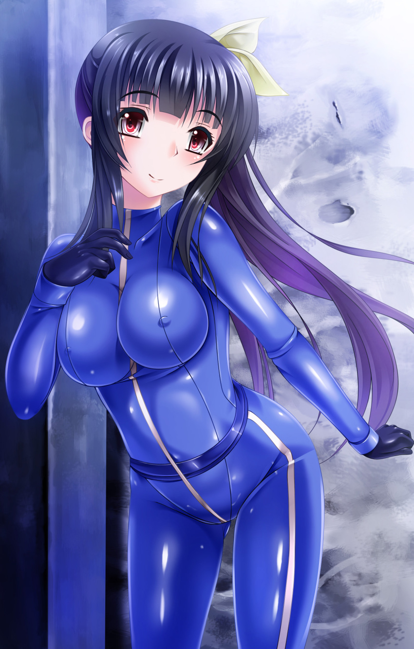 1girl, absurdres, anise_(medarot), black_hair, bodysuit, breasts, covered_erect_nipples, female_focus, gloves, head_tilt, high_ponytail, high_side_ponytail, highres, kouichi_eiji, large_breasts, latex, latex_suit, long_hair, medarot, medarot_8, ponytail, red_eyes, side_ponytail, skin_tight, solo