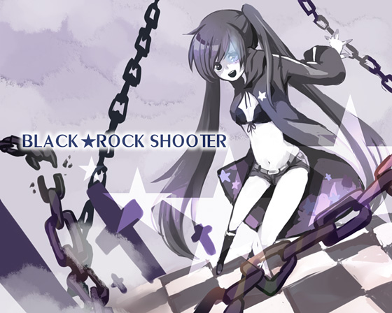 10s, 1girl, black_hair, black_rock_shooter, black_rock_shooter_(character), blue_eyes, chain, female_focus