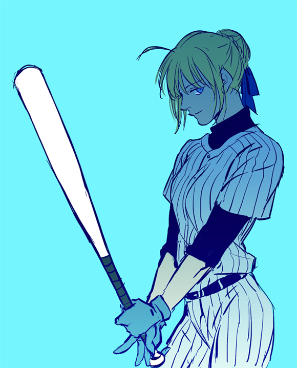 1girl, alternate_costume, artoria_pendragon_(fate), bad_id, bad_pixiv_id, baseball_bat, baseball_uniform, fate/stay_night