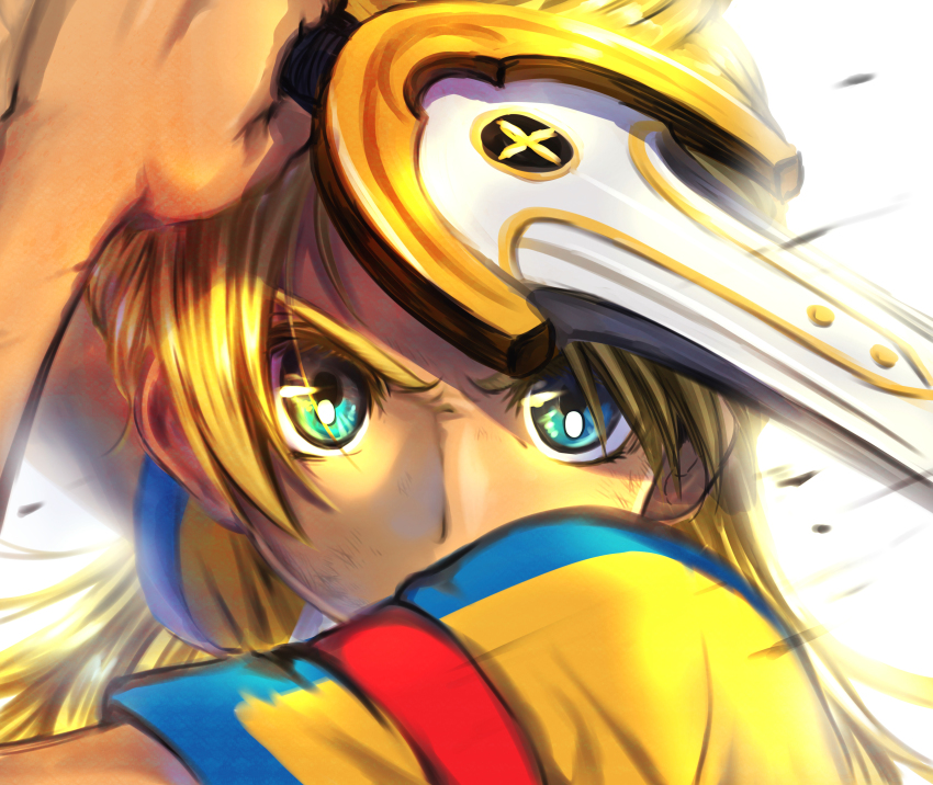 1boy, absurdres, aqua_eyes, armband, bad_id, bad_pixiv_id, blonde_hair, highres, inazuma_eleven_(series), inazuma_eleven_go, inazuma_eleven_go_chrono_stone, long_hair, looking_at_viewer, male_focus, matsukaze_tenma, matsukaze_tenma_(mixi_max_arthur_ou), matsumoto_achi, raimon, raimon_soccer_uniform, soccer_uniform, solo, sportswear, sword, upper_body, weapon, white_background