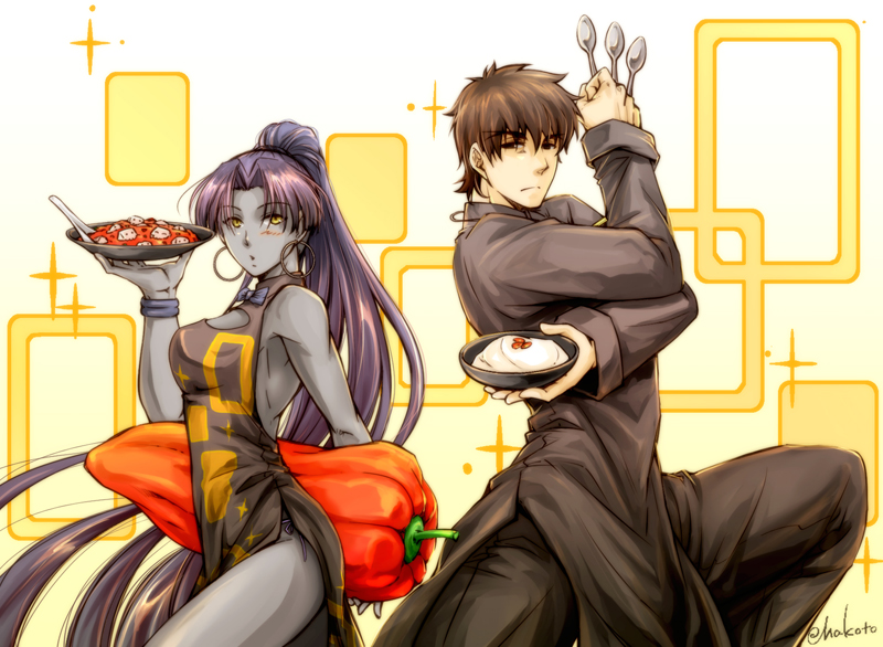 1boy, 1girl, assassin_(fate/zero), assassin_class_(fate), bad_id, bad_pixiv_id, between_fingers, breasts