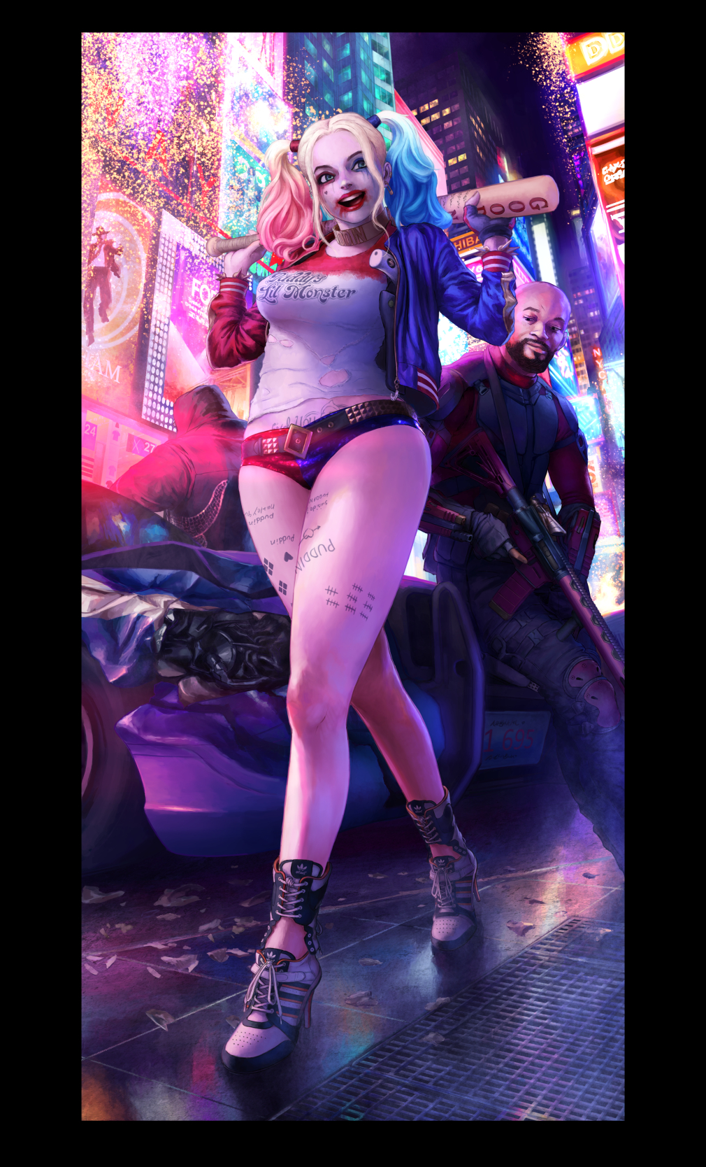 1girl, armor, baseball_bat, batman_(series), beard, belt, blonde_hair, blue_eyes, boots, bracelet, car, choker, dark_skin, dc_comics, dccu, deadshot, dyed_hair, facial_hair, gun, harley_quinn, high_heels, highres, holster, hood, hoodie, jewelry, killer_croc, lipstick, makeup, motor_vehicle, sequins, shorts, shoulder_holster, studded_belt, suicide_squad, twintails, weapon