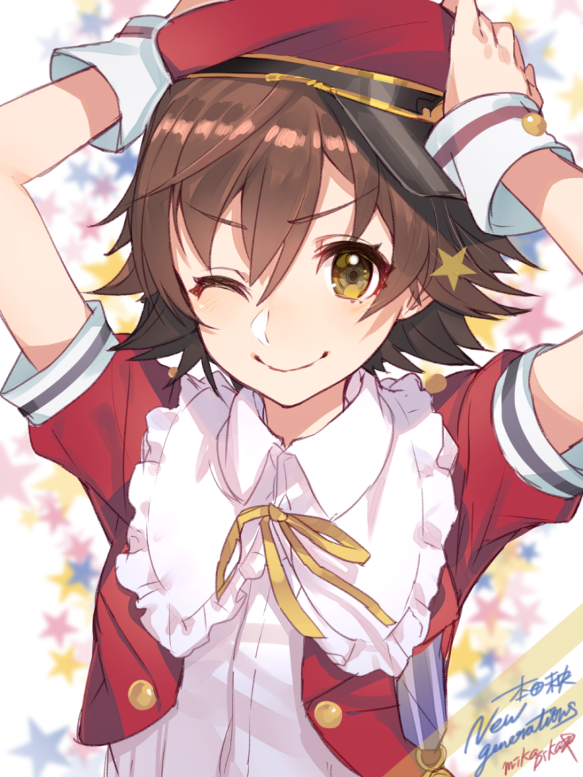 >;), 10s, 1girl, arms_up, artist_name, blush, brown_eyes, brown_hair