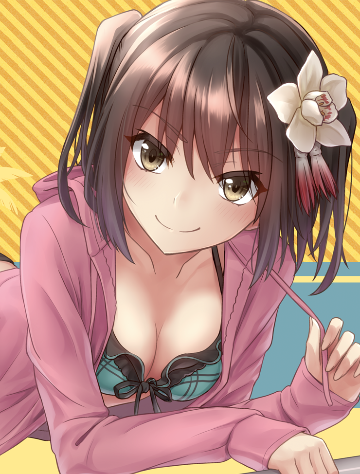10s, 1girl, bikini, bikini_top_only, blush, breasts, brown_eyes, brown_hair