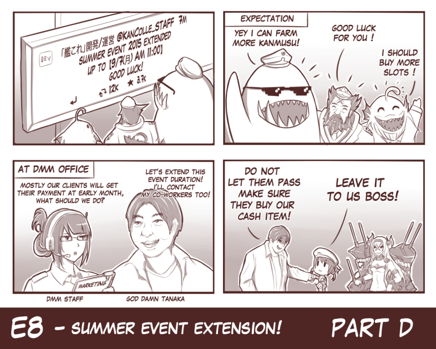 10s, 3girls, 4boys, 4koma, abyssal_ship, admiral_(kancolle), air_defense_princess, batsubyou, breasts, cat, comic, dota_(series), dota_2, edwin_(cyberdark_impacts), english_text, error_musume, girl_holding_a_cat_(kancolle), gradient_background, hairband, hat, image_sample, kantai_collection, kensuke_tanaka, kunkka_(dota_2), left-to-right_manga, long_hair, military, military_uniform, monochrome, multiple_boys, multiple_girls, naval_uniform, open_mouth, pixiv_sample, ribbon, school_uniform, sharp_teeth, short_hair, slardar, sunglasses, tanaka_kensuke, teeth, tidehunter_(dota), twintails, underboob