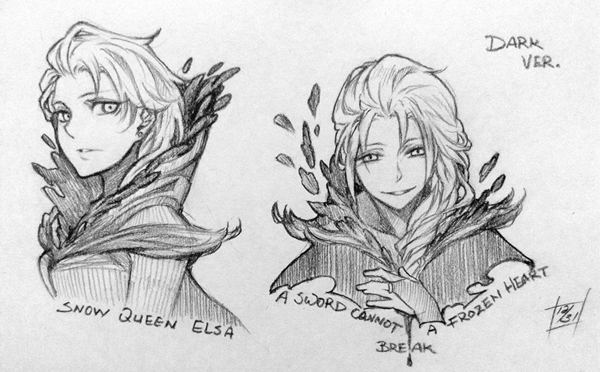 1girl, braid, dark_persona, earrings, elsa_(frozen), english_text, enseisong, frozen_(disney)