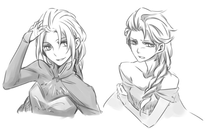 1girl, bare_shoulders, braid, elsa_(frozen), enseisong, female_focus, frozen_(disney), greyscale