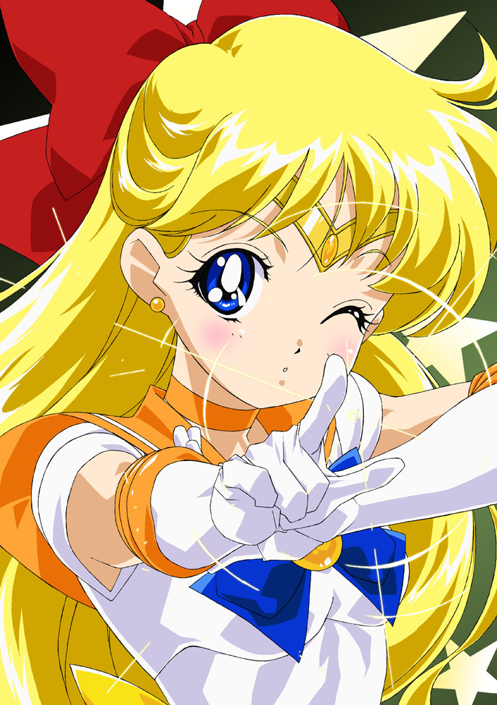 1girl, aino_minako, bishoujo_senshi_sailor_moon, blonde_hair, blue_bow, blue_eyes, blush, bow, choker, earrings, elbow_gloves, female_focus, gloves, hair_bow, half_updo, jewelry, long_hair, magical_girl, oku_yukihide, one_eye_closed, pointing, red_bow, sailor_collar, sailor_venus, simple_background, solo, tareme, tiara, white_gloves