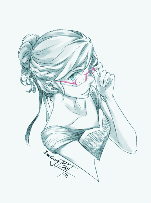 1girl, anna_(frozen), aqua_eyes, enseisong, female_focus, frozen_(disney), glasses, hair_bun