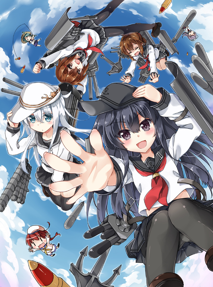 10s, 12.7cm_twin_high-angle_gun_mount_fairy, 4girls, 61cm_triple_(oxygen)_torpedo_mount, 61cm_triple_torpedo_mount, =_=, adjusting_clothes, adjusting_headwear