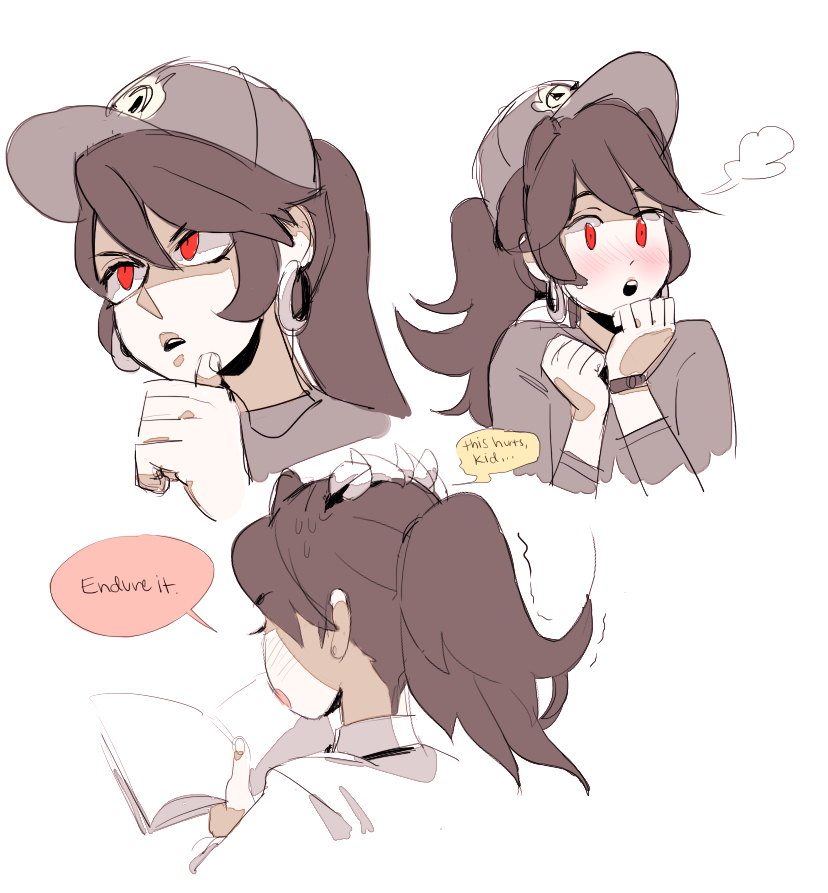 1girl, anisa_sherzai, black_hair, blush, book, earrings, english_text, filia_(skullgirls)