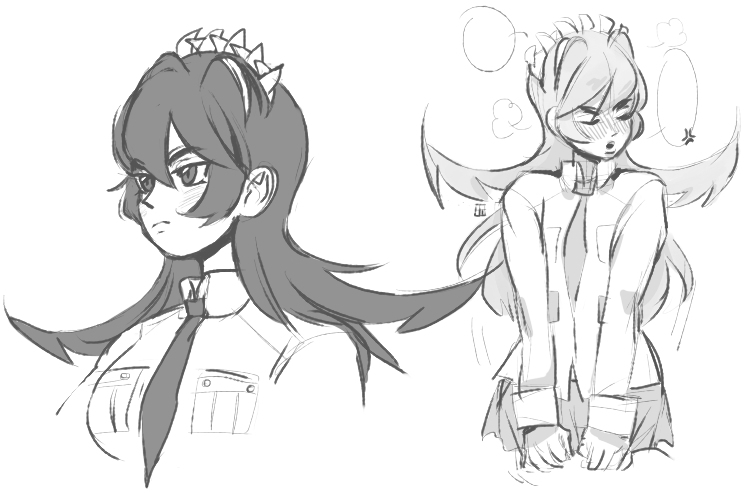 1girl, anisa_sherzai, black_hair, filia_(skullgirls), monochrome, samson_(skullgirls), simple_background, skullgirls