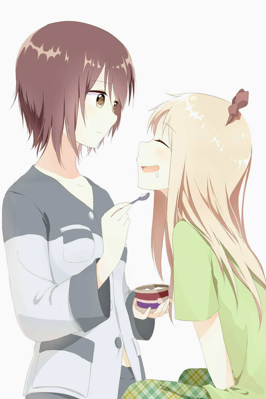 2girls, absurdres, blonde_hair, bow, brown_eyes, brown_hair, casual, closed_eyes