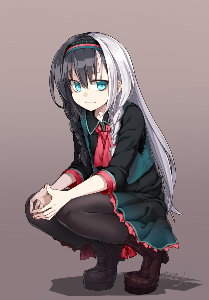 1girl, ascot, black_hair, blue_eyes, boots, braid, brown_background, female_focus