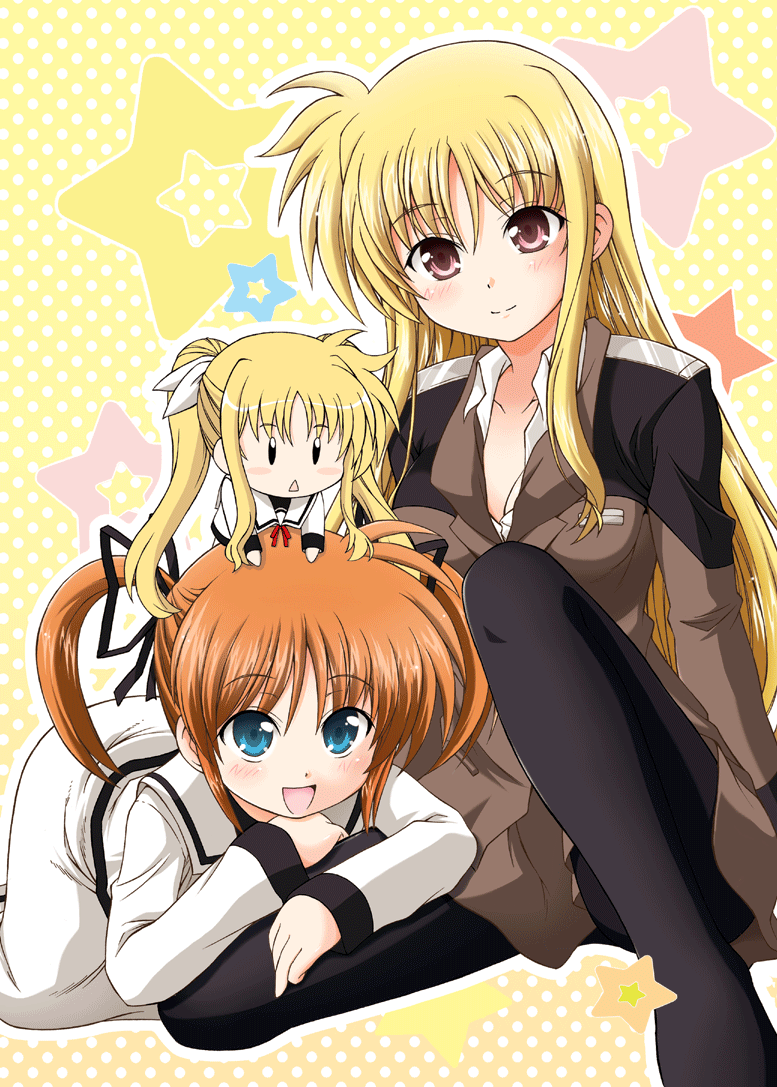 00s, 2girls, aged_up, black_legwear, blonde_hair, blue_eyes, breasts, brown_hair