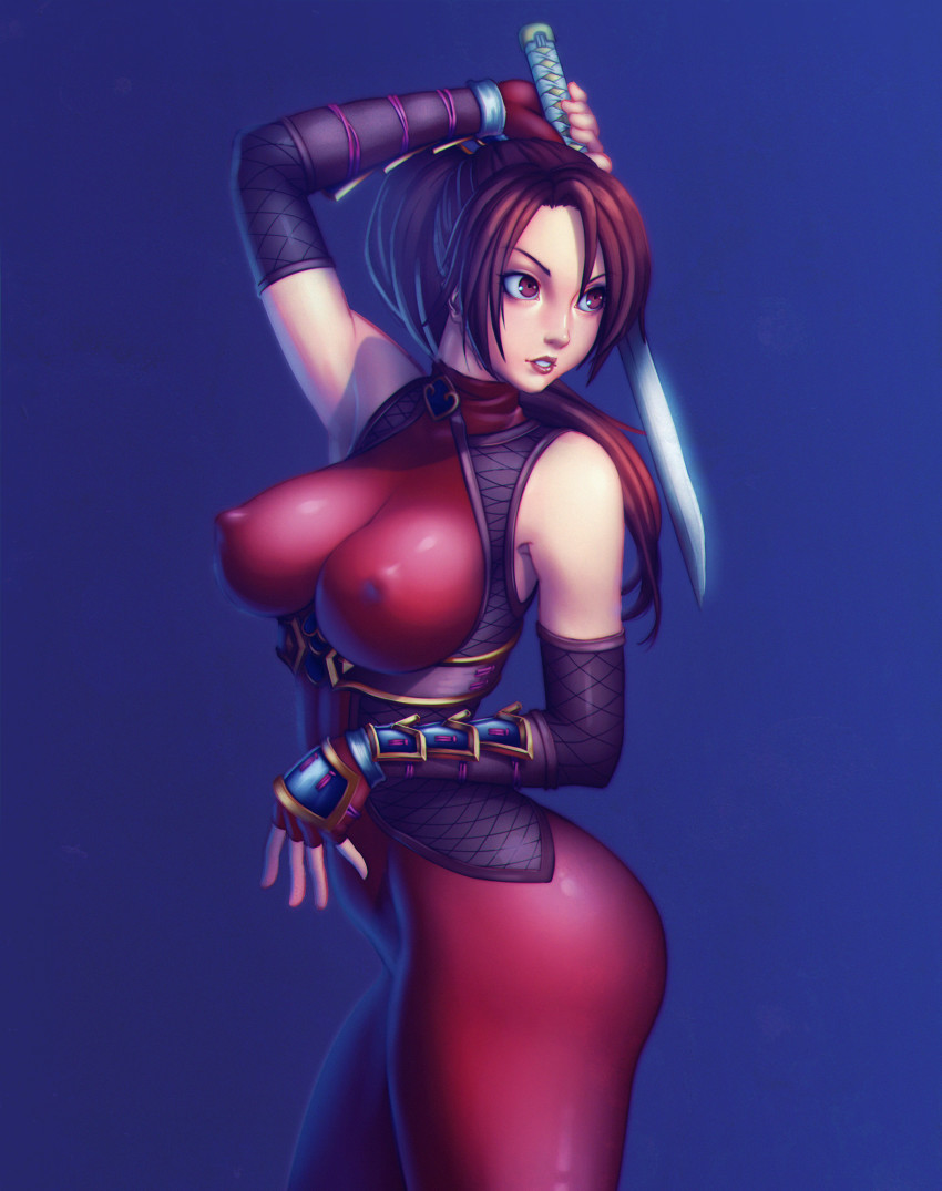 1girl, absurdres, arm_up, armor, blue_background, bodysuit, breasts, brown_eyes