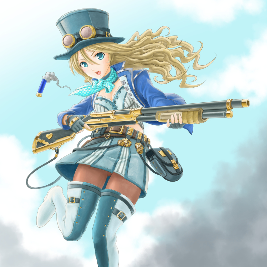 1girl, absurdres, ameisensou, ammunition, belt, blonde_hair, blue_eyes, blue_skirt