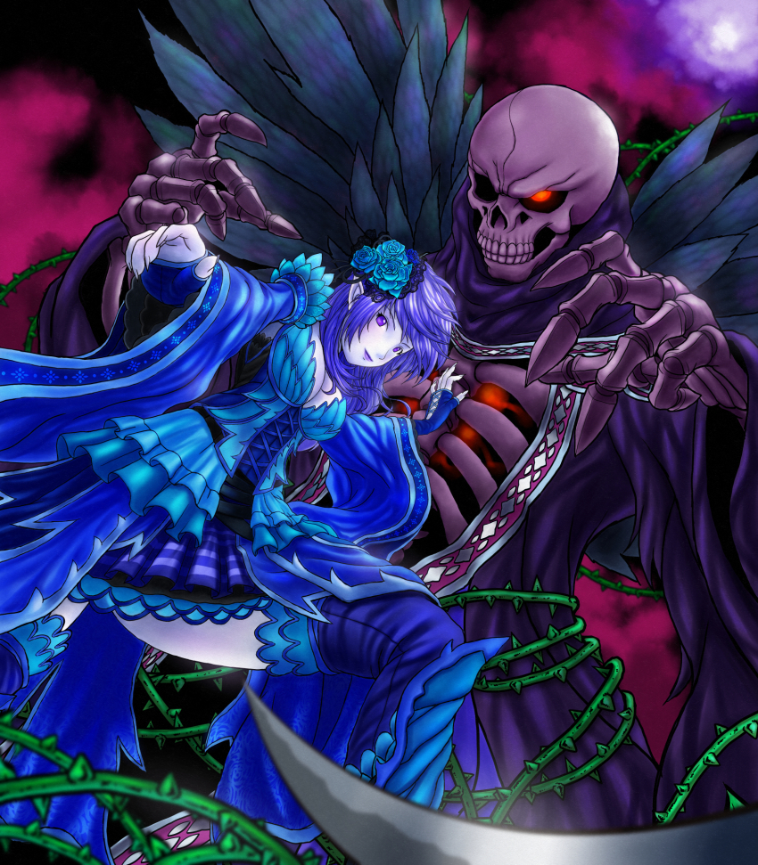 1girl, ameisensou, blue_hair, blue_thighhighs, flower, glowing, glowing_eye, hair_flower