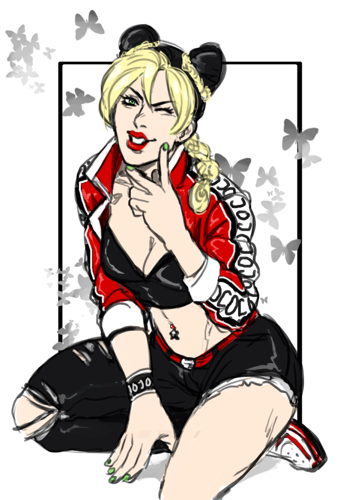 1girl, black_hair, blonde_hair, border, braid, breasts, bug, butterfly, cleavage, crop_top, double_bun, female_focus, fujika1719, green_eyes, green_nails, hair_bun, insect, jacket, jojo_no_kimyou_na_bouken, kuujou_jolyne, lipstick, makeup, multicolored_hair, nail_polish, navel_piercing, one_eye_closed, pants, piercing, red_lips, shadow, simple_background, sitting, solo, torn_clothes, torn_pants, two-tone_hair, v, wristband