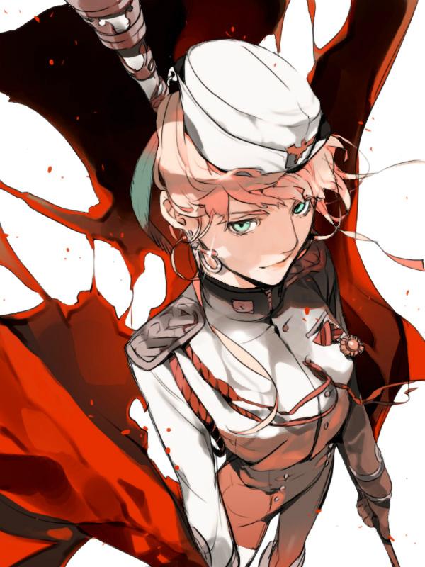 1girl, aqua_eyes, beret, female_focus, flag, from_above, green_eyes, hat