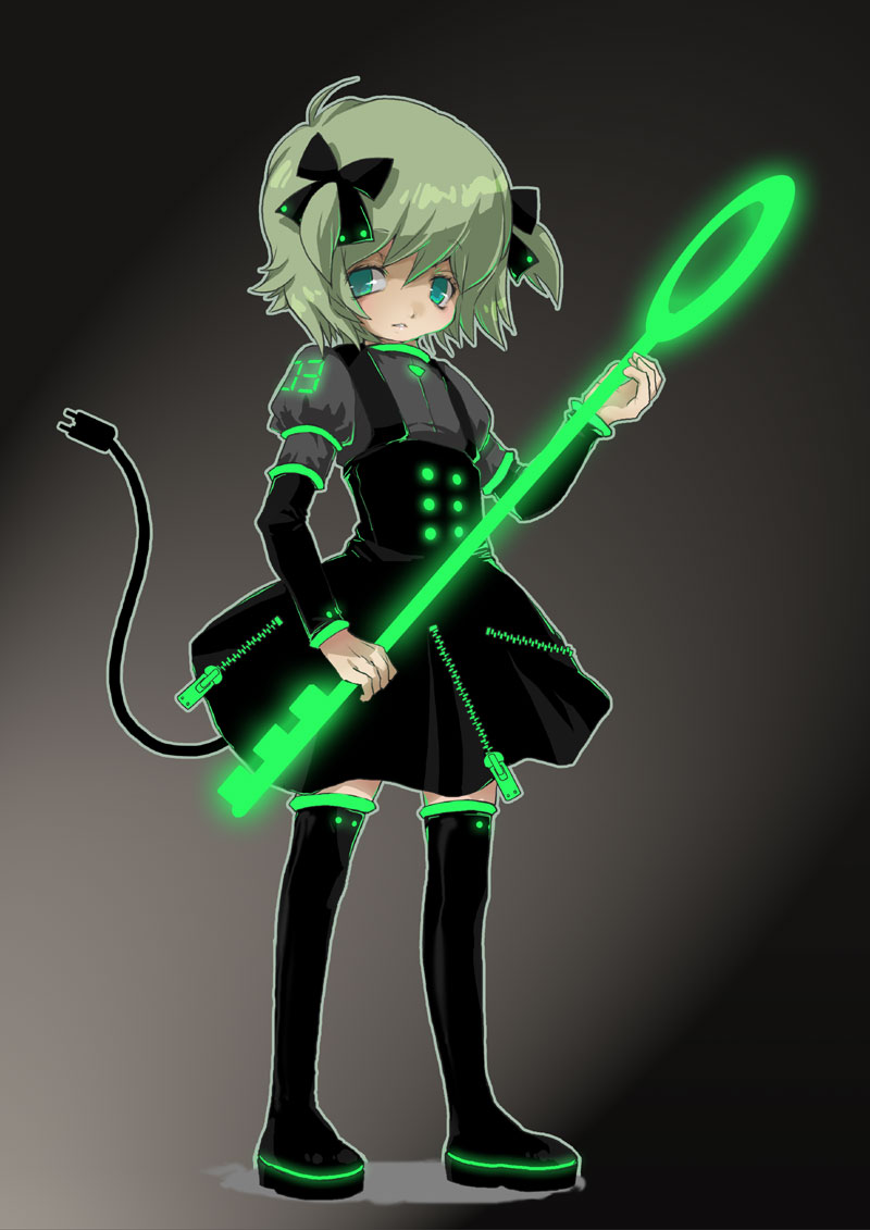 glowing, green_eyes, green_hair, key, original, oversized_object, solo, soutatsu