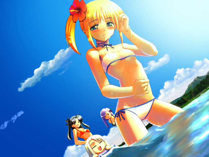 00s, 4girls, alternate_costume, artoria_pendragon_(fate), bandeau_bikini, bikini, black_hair, blonde_hair