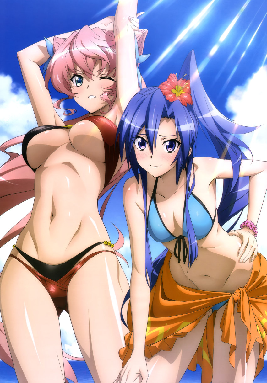 10s, 2girls, absurdres, bikini, blue_hair, breasts, cleavage, cloud, day, futsuzawa_jiemon, groin, hand_on_own_hip, highres, kazanari_tsubasa, large_breasts, layered_bikini, leaning_forward, long_hair, maria_cadenzavna_eve, multiple_girls, non-web_source, nyantype, official_art, one_eye_closed, pink_hair, ponytail, sarong, senki_zesshou_symphogear, sky, small_breasts, stretching, swimsuit, underboob, very_long_hair