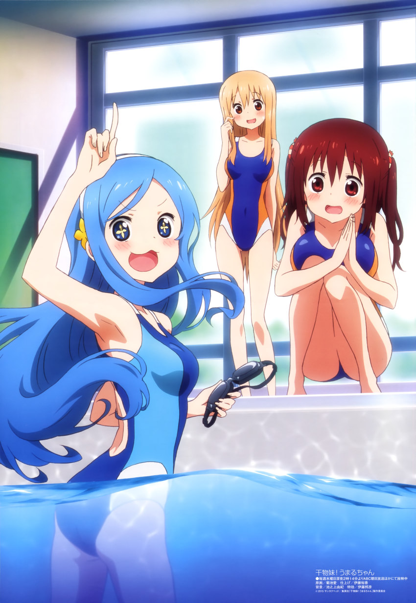 10s, 3girls, absurdres, arm_up, armpits, blonde_hair, blue_eyes, blue_hair