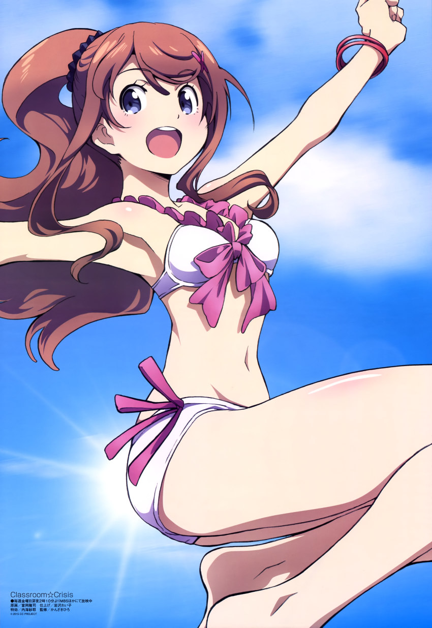 10s, 1girl, :d, absurdres, arm_up, armpits, barefoot, bikini, blue_eyes, blush, body_blush, bow, bracelet, breasts, brown_hair, butterfly_hair_ornament, classroom_crisis, clenched_hand, cloud, day, female_focus, frilled_bikini, frills, from_side, front-tie_bikini_top, front-tie_top, hair_ornament, hairclip, happy, high_ponytail, highres, jewelry, jumping, legs, long_hair, looking_at_viewer, megami_magazine, navel, non-web_source, official_art, open_mouth, outdoors, outstretched_arm, parted_bangs, ponytail, scan, scrunchie, sera_mizuki_(classroom_crisis), side-tie_bikini_bottom, sky, small_breasts, smile, solo, sun, swept_bangs, swimsuit, tomioka_takashi, wavy_hair, white_bikini