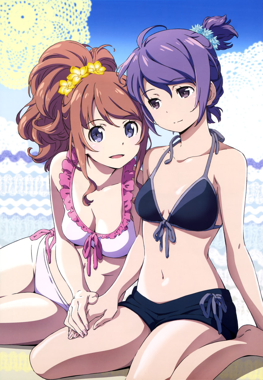 10s, 2girls, absurdres, bikini, breasts, brown_hair, classroom_crisis, cleavage
