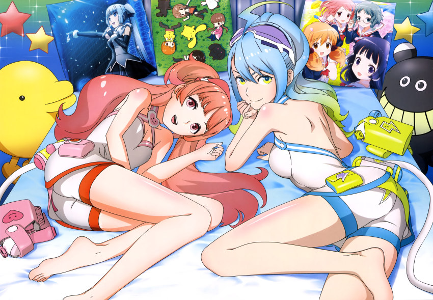 >:), 10s, 2girls, absurdres, ajipon, ass, barefoot, blue_eyes, blue_hair, darth_wooser, feet, highres, kohashi_wakaba, kurokawa_mao, legs, long_hair, looking_back, lying, mashiba_nao, miho_(wooser), miss_monochrome, miss_monochrome_(character), multicolored_eyes, multiple_girls, namae_wo_yonde_wa_ikenai_ano_doubutsu, non-web_source, nyantype, official_art, on_side, red_eyes, red_hair, ren_(wooser), rin_(wooser), sumako_(ultra_super_anime_time), supika_(ultra_super_anime_time), tokita_moeko, ultra_super_anime_time, v-shaped_eyebrows, very_long_hair, wakaba_girl, wooser_(character), wooser_no_sono_higurashi, yellow_eyes, yuu_(wooser)