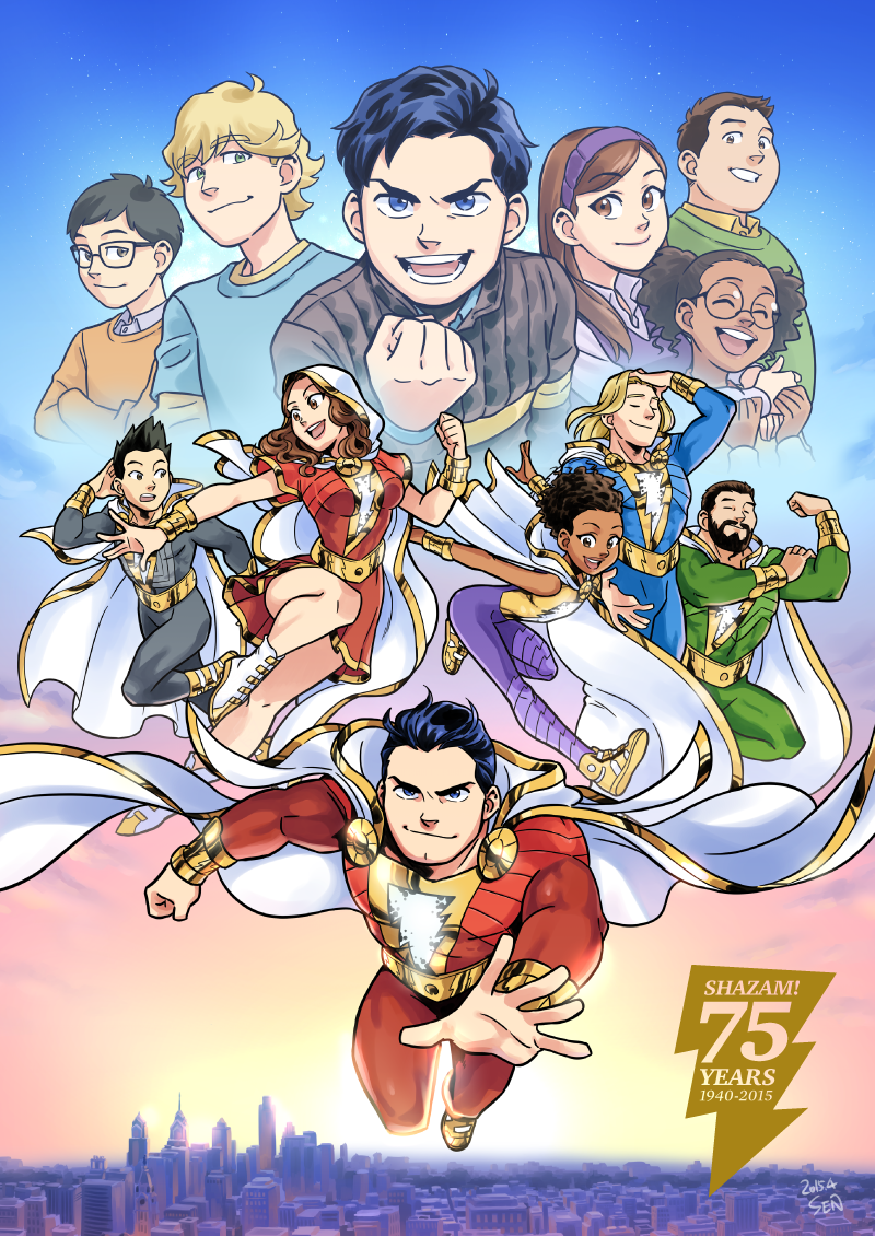 2girls, 4boys, billy_batson, black_hair, blonde_hair, blue_eyes, bodysuit, brother_and_sister, brown_eyes, cape, cardigan, copyright_name, crutch, dark_skin, darla_dudley, dc_comics, eugene_choi, flying, freddy_freeman, glasses, gradient_background, hairband, hood, hooded_cape, lightning_bolt_symbol, long_sleeves, mary_batson, multiple_boys, multiple_girls, pedro_pẽna, purple_legwear, sen_(pixiv111638), shazam, siblings, skirt, sky, smile, sweater, twins