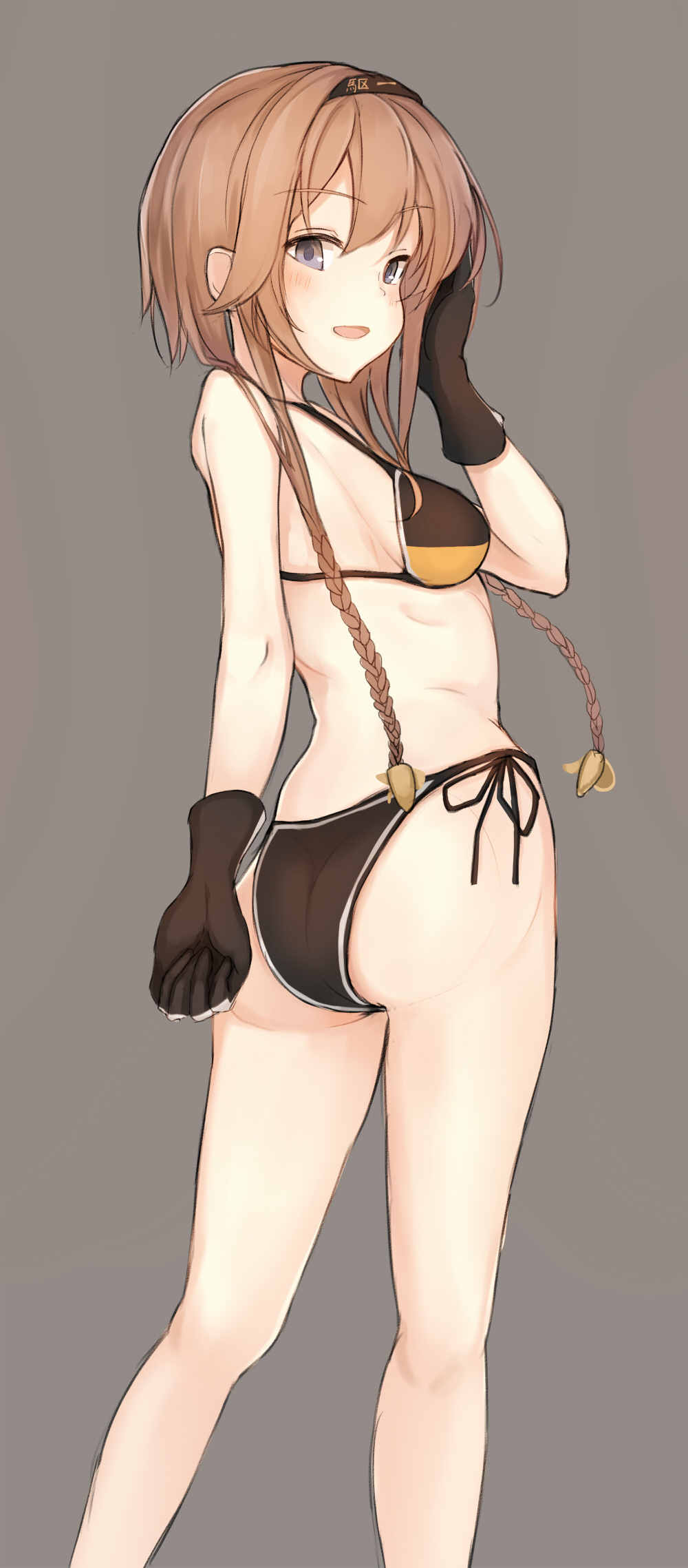 10s, 1girl, ass, bad_id, bad_pixiv_id, bikini, black_bikini, black_gloves