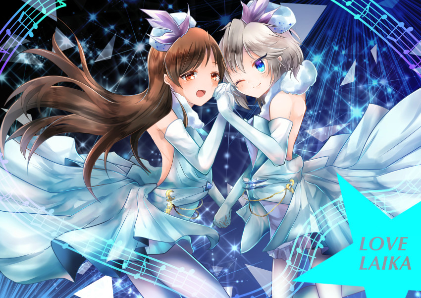 10s, 2girls, absurdres, akikame_reina, anastasia_(idolmaster), artist_request, bad_id, bad_pixiv_id, bare_shoulders, blue_eyes, breasts, brown_eyes, brown_hair, dress, elbow_gloves, gloves, gradient_background, highres, idolmaster, idolmaster_cinderella_girls, long_hair, multiple_girls, nitta_minami, one_eye_closed, open_mouth, pantyhose, pure_white_memories, short_hair, silver_hair, smile