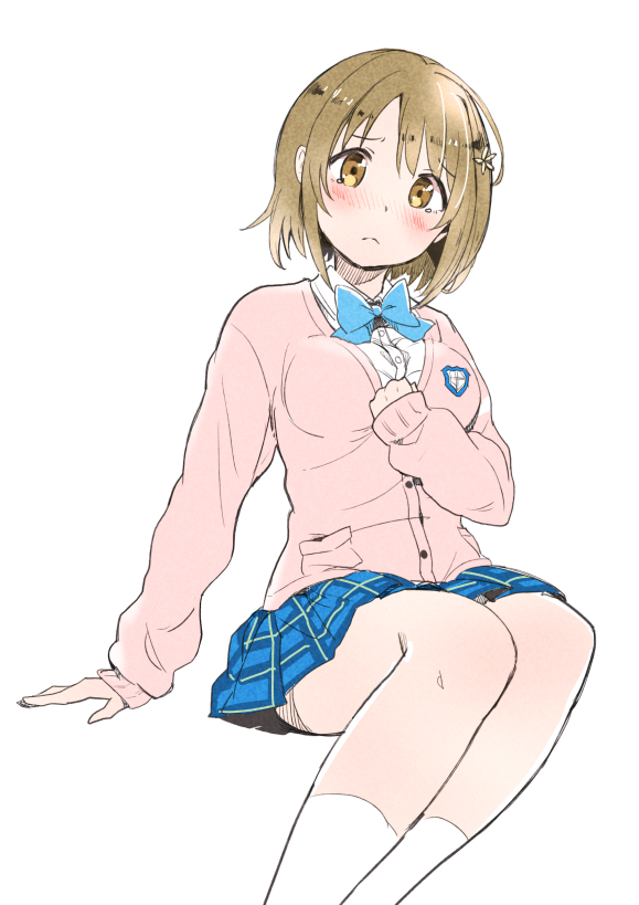 1girl, brown_eyes, brown_hair, female_focus, idolmaster, idolmaster_cinderella_girls, legs_together, looking_at_viewer, mimura_kanako, plaid_clothes, plaid_skirt, school_uniform, short_hair, simple_background, sitting, skirt, socks, solo, tanaka_(artist), tears, white_background, white_socks