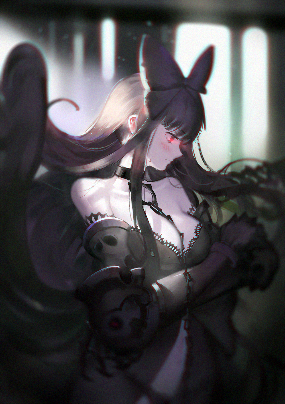 10s, 1girl, abyssal_ship, black_hair, bow, breasts, chain, chromatic_aberration