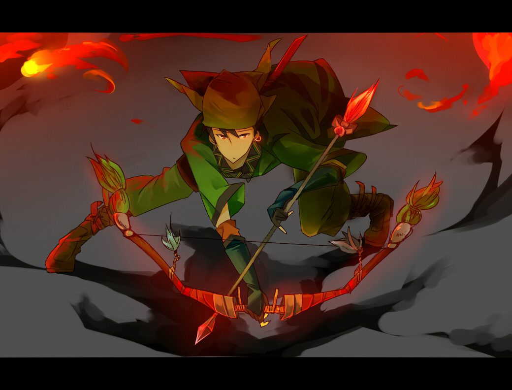 1boy, arrow_(projectile), bandana, boots, border, bow_(weapon), earrings, fire_emblem