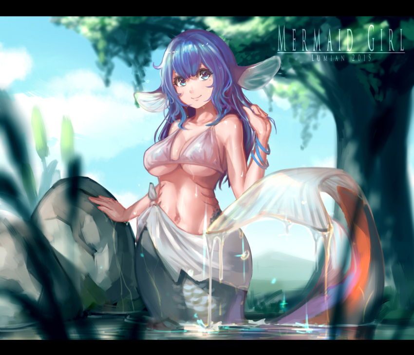 10s, 1girl, 2015, artist_name, bikini, bikini_top_only, blue_eyes, blue_hair, bracelet, breasts, cleavage, female_focus, fins, gills, head_fins, highres, jewelry, large_breasts, letterboxed, long_hair, looking_to_the_side, lumian, matching_hair/eyes, mermaid, mole, mole_under_eye, monster_girl, navel, original, rock, sarong, smile, solo, swimsuit, tree, underboob, water, wet