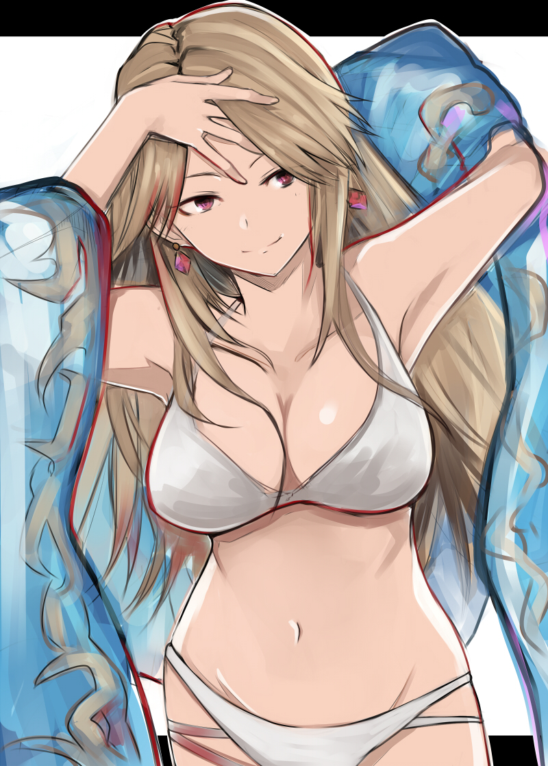 10s, 1girl, arm_behind_head, bikini, border, breasts, cleavage, collarbone