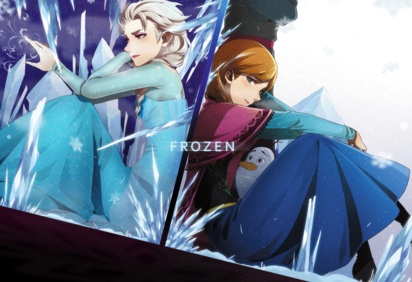 2girls, absurdres, anna_(frozen), back-to-back, elsa_(frozen), frozen_(disney), gradient_background, highres