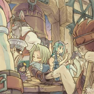00s, 2girls, 4boys, ^_^, baku_(ff9), beard, bell, beret, blank_(ff9), blonde_hair, blue_hair, blush, boots, chair, character_doll, cinna_(ff9), closed_eyes, creature, doll, facial_hair, final_fantasy, final_fantasy_ix, furry, gears, gloves, hat, headband, indoors, laughing, legs_up, lowres, meeting, messy_room, multiple_boys, multiple_girls, pants, pointy_ears, red_eyes, ruby_(ff9), short_hair, sitting, sjofn_(mythology), sleeping, smile, spiked_hair, table, tantalus, zidane_tribal