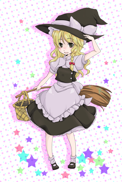 1girl, :d, apron, basket, black_hat, black_shoes, black_skirt, black_vest