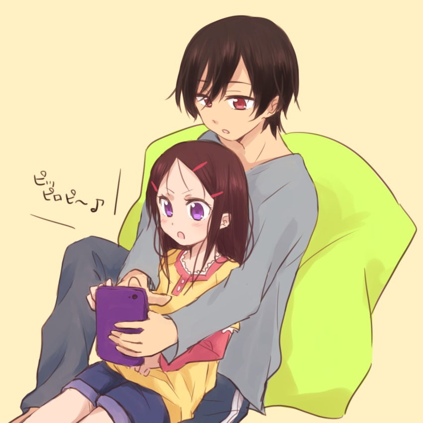 10s, 1boy, 1girl, black_hair, brother_and_sister, casual, cellphone, charlotte_(anime), cushion, highres, long_hair, otosaka_ayumi, otosaka_yuu, phone, purple_eyes, red_eyes, short_hair, siblings, simple_background, smartphone, sunohara_(marble0131)