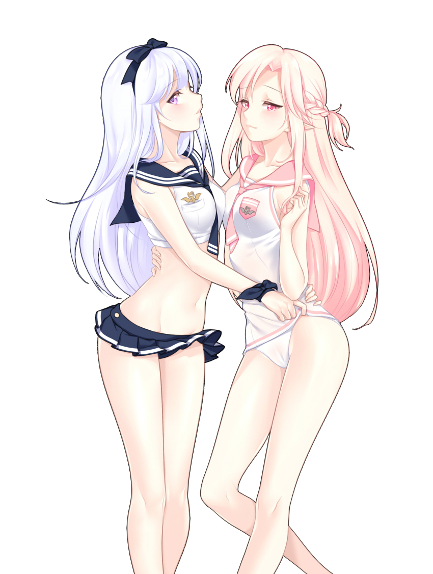 2girls, artistic_error, asymmetrical_docking, bad_id, bad_pixiv_id, bare_legs, bare_shoulders, between_breasts, bikini, bikini_skirt, braid, breast_press, breasts, clothes_between_breasts, female_focus, half_updo, highres, hug, legs, legs_together, long_hair, looking_at_viewer, mabinogi, microskirt, midriff, multiple_girls, neck, necktie, necktie_between_breasts, nontraditional_school_swimsuit, one-piece_swimsuit, panties, parted_lips, pink_eyes, pink_hair, player_character_(mabinogi), pleated_skirt, pointy_ears, purple_eyes, raind, sailor_bikini, sailor_collar, school_swimsuit, silver_hair, simple_background, skirt, sleeveless, smile, standing, swimsuit, underwear, white_background, white_one-piece_swimsuit, white_panties, white_school_swimsuit, wind, wind_lift, yuri