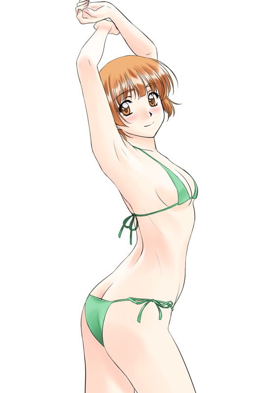 1990s_(style), 1girl, armpits, arms_up, ass, bikini, brown_eyes, brown_hair, butt_crack, cowboy_shot, female_focus, hoshino_asuka, light_smile, looking_at_viewer, polorinken, retro_artstyle, sentimental_graffiti, side-tie_bikini_bottom, simple_background, solo, swimsuit, white_background